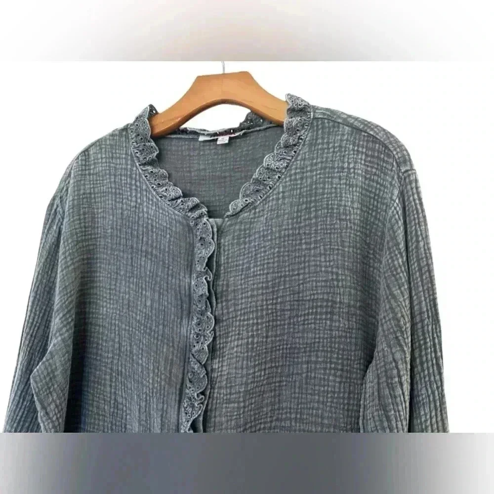 MAZIK Charcoal Gray Eyelet Ruffle Button Down Long Sleeve Tunic Shirt